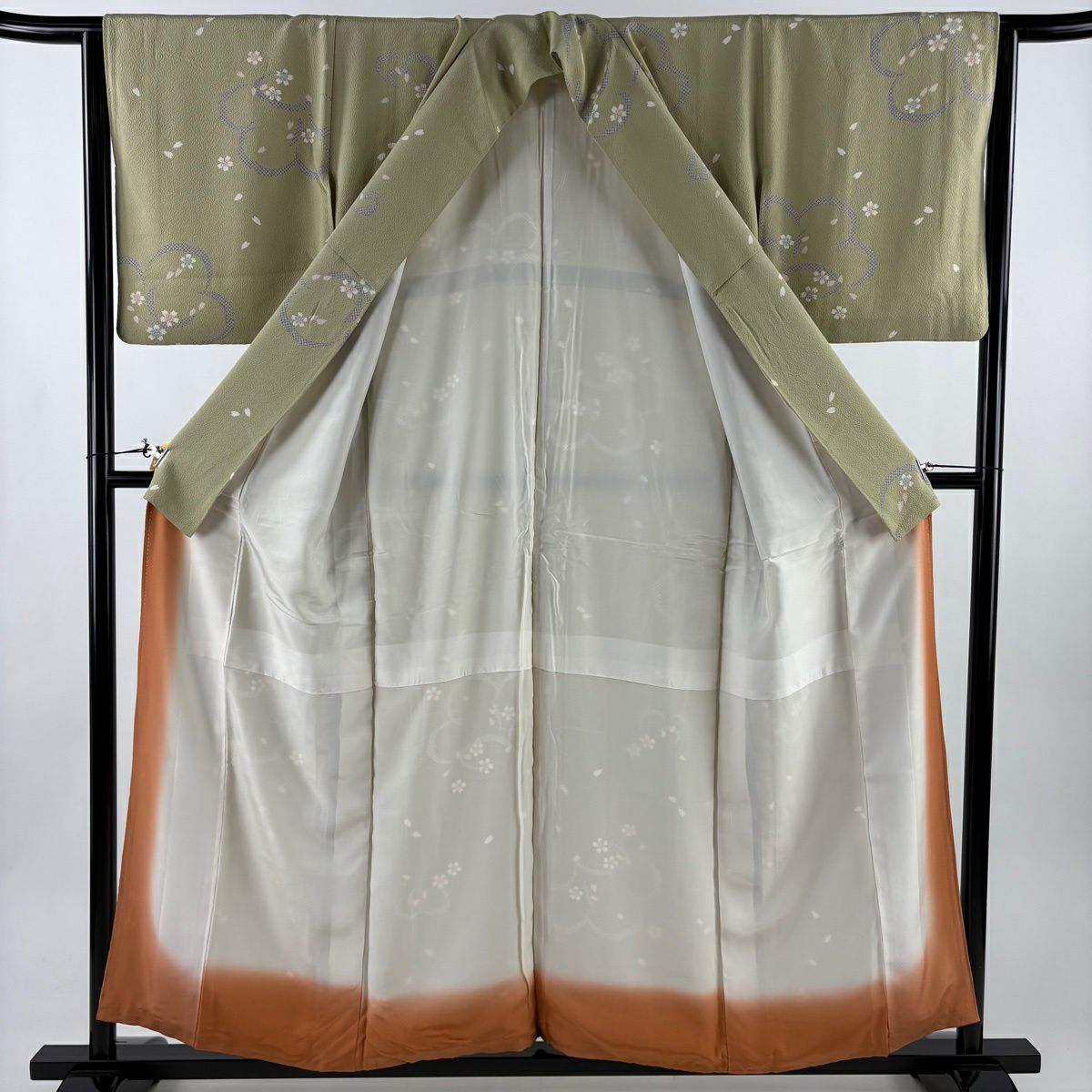 小紋 身長155cm 袖長63.5cm S 雙層 樱花花瓣 絞織 抹茶 純蠶絲 優品級