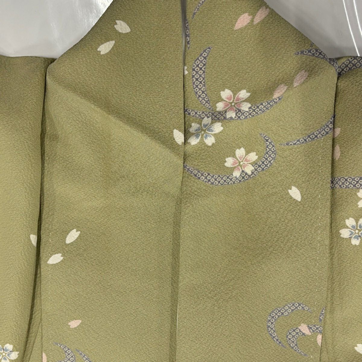 小紋 身長155cm 袖長63.5cm S 雙層 樱花花瓣 絞織 抹茶 純蠶絲 優品級