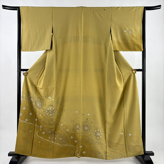 訪問服 身長161.5cm 袖長63cm S 雙層 華紋 花唐草紋 刺繡 金糸 芥末色 純蠶絲 秀品級