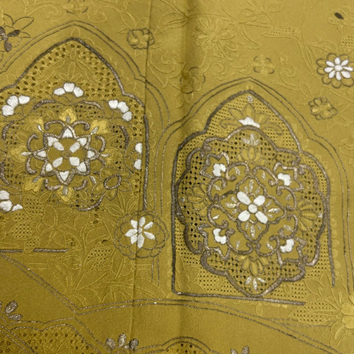 訪問服 身長161.5cm 袖長63cm S 雙層 華紋 花唐草紋 刺繡 金糸 芥末色 純蠶絲 秀品級