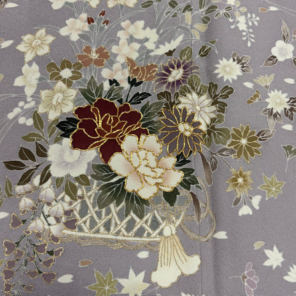【美品】訪問服 身長157.5cm 袖長62cm S 雙層 花籠 吹寄 金絲 金銀彩 淺紫 純蠶絲 優品級