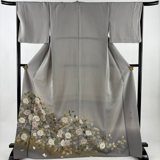 色留袖禮服 身長172.5cm 袖長66.5cm M 雙層 落款有 椿花瓣 金銀彩 漸層 灰色 純蠶絲 優品級 一個紋