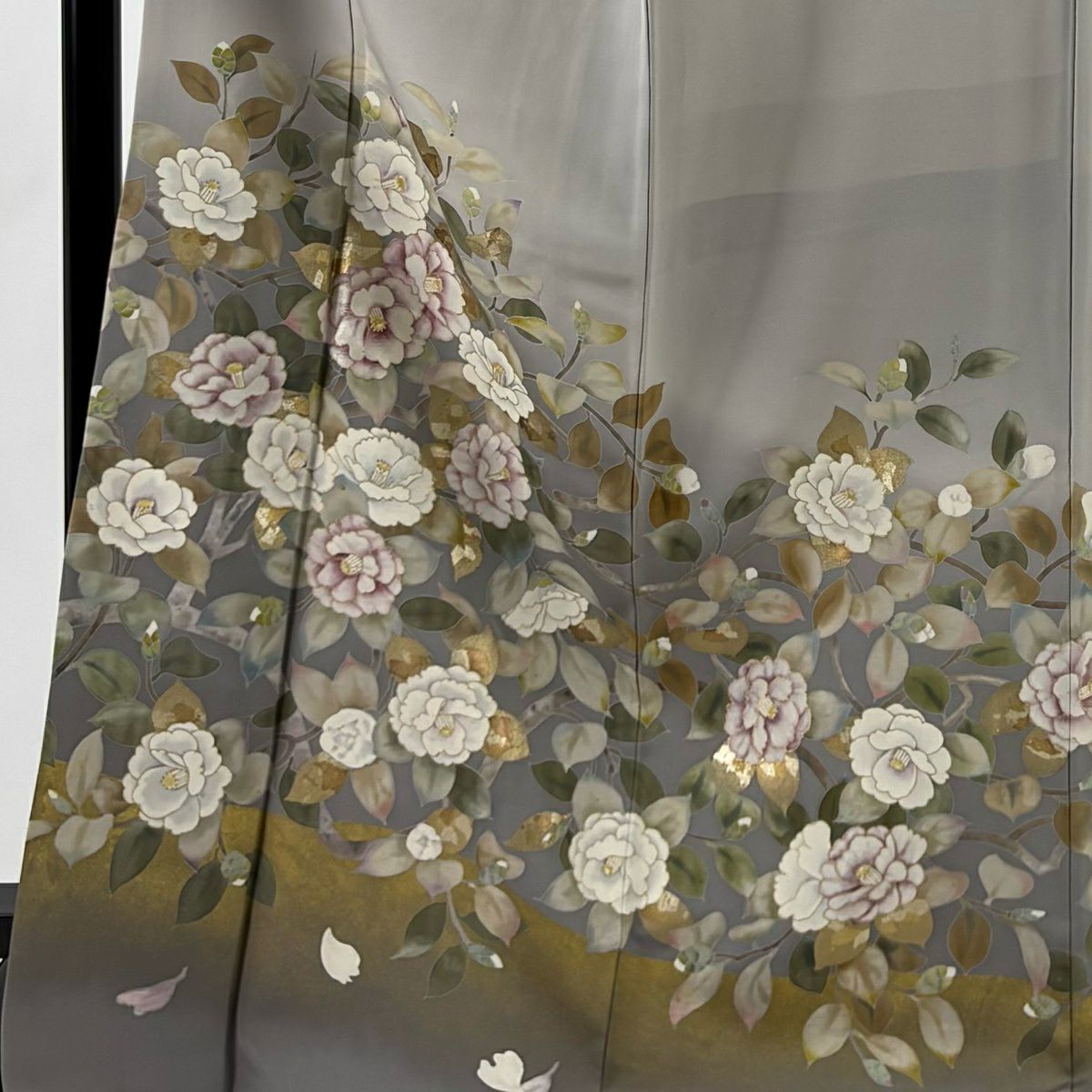色留袖禮服 身長172.5cm 袖長66.5cm M 雙層 落款有 椿花瓣 金銀彩 漸層 灰色 純蠶絲 優品級 一個紋
