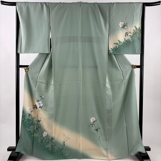 訪問服 身長167cm 袖長67cm M 雙層 草花紋紋 輪廓 漸層 淺綠 純蠶絲 優品級