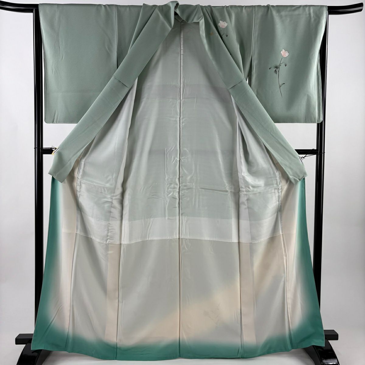 訪問服 身長167cm 袖長67cm M 雙層 草花紋紋 輪廓 漸層 淺綠 純蠶絲 優品級