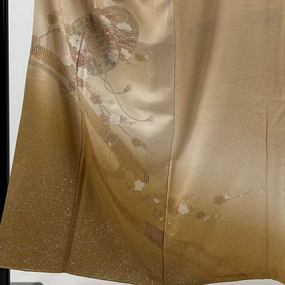 訪問服 身長154cm 袖長62.5cm S 雙層 鏡裏文 枝梅花 刺繡 金銀彩 米色 純蠶絲 優品級