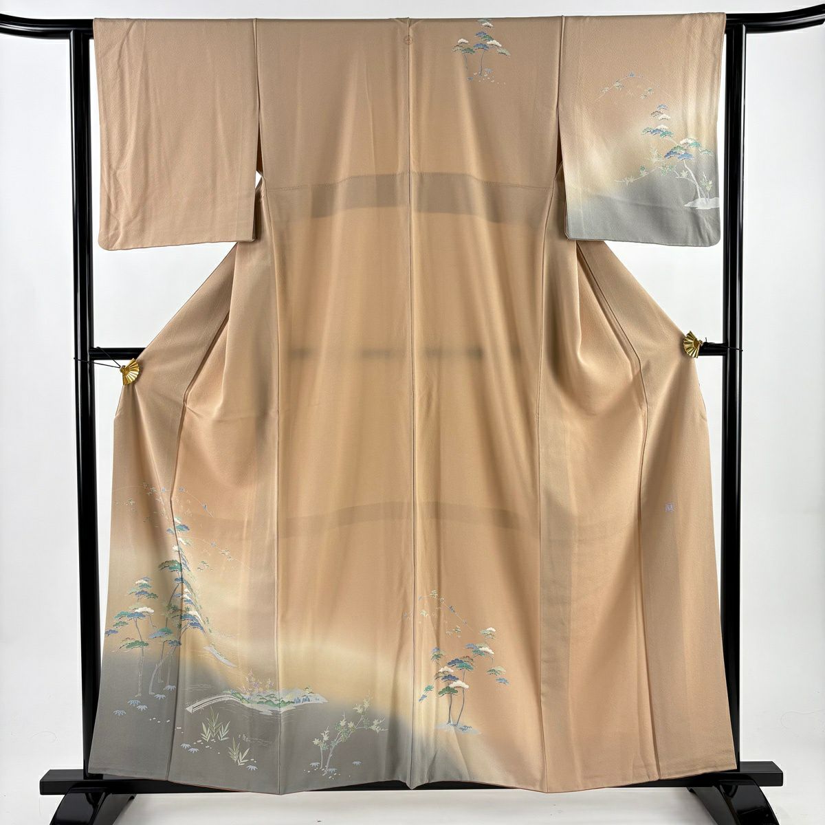 訪問服 身長158cm 袖長62.5cm S 雙層 落款有 松樹竹子梅花 橋 漸層 粉米色 純蠶絲 優品級 一個紋
