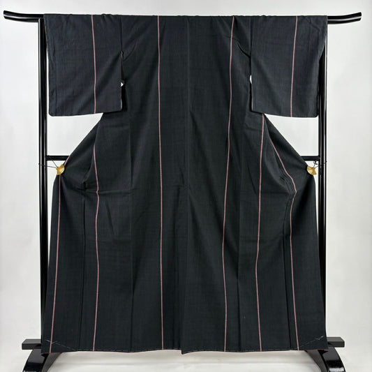 【美品】結城紬織 身長163cm 袖長67cm M 雙層 本場結城紬織 奥順 證書齊全 縱條紋 墨色 純蠶絲 逸品級