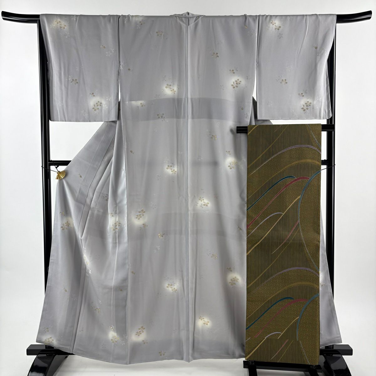 小紋 身長162cm 袖長67cm M 雙層 袋帶套裝櫻花花瓣金絲漸變灰色純蠶絲 優品級