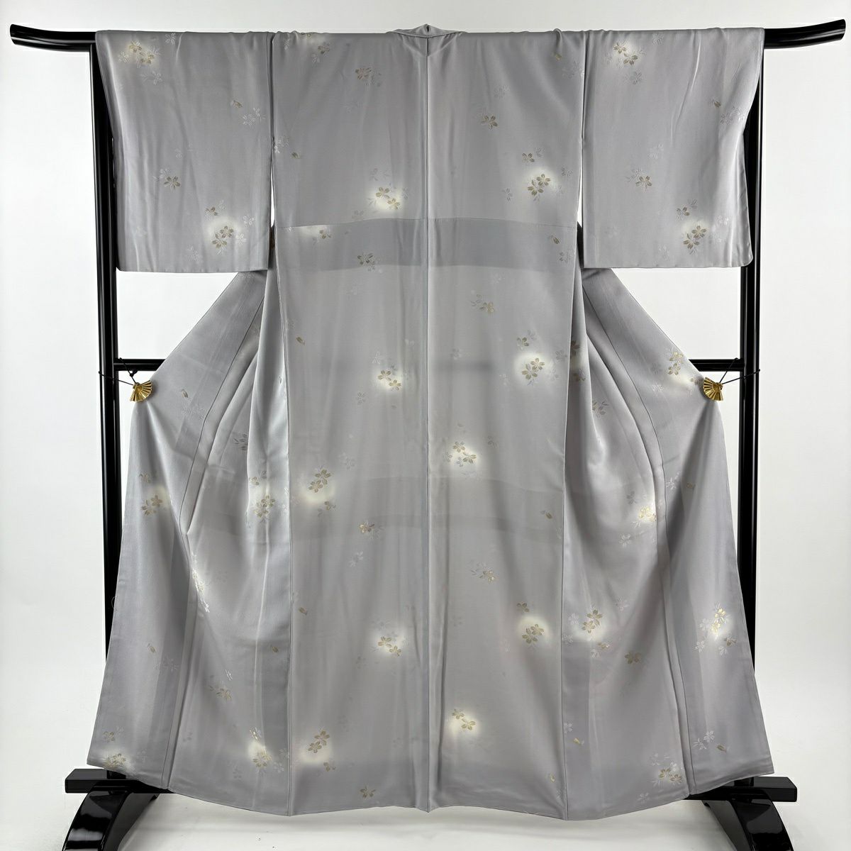 小紋 身長162cm 袖長67cm M 雙層 袋帶套裝櫻花花瓣金絲漸變灰色純蠶絲 優品級