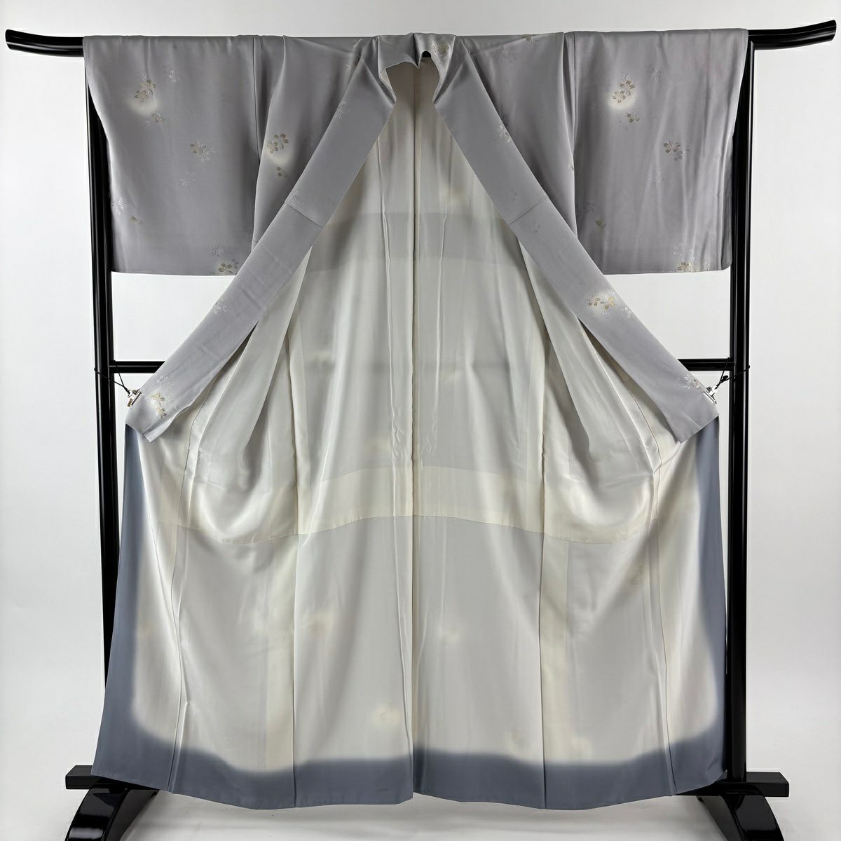 小紋 身長162cm 袖長67cm M 雙層 袋帶套裝櫻花花瓣金絲漸變灰色純蠶絲 優品級