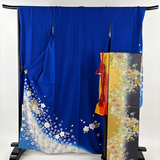 【美品】振袖禮服 身長165.5cm 袖長68cm L 雙層 袋帶全套 樱花 鞠 金絲 金銀彩 藍色 純蠶絲 優品級