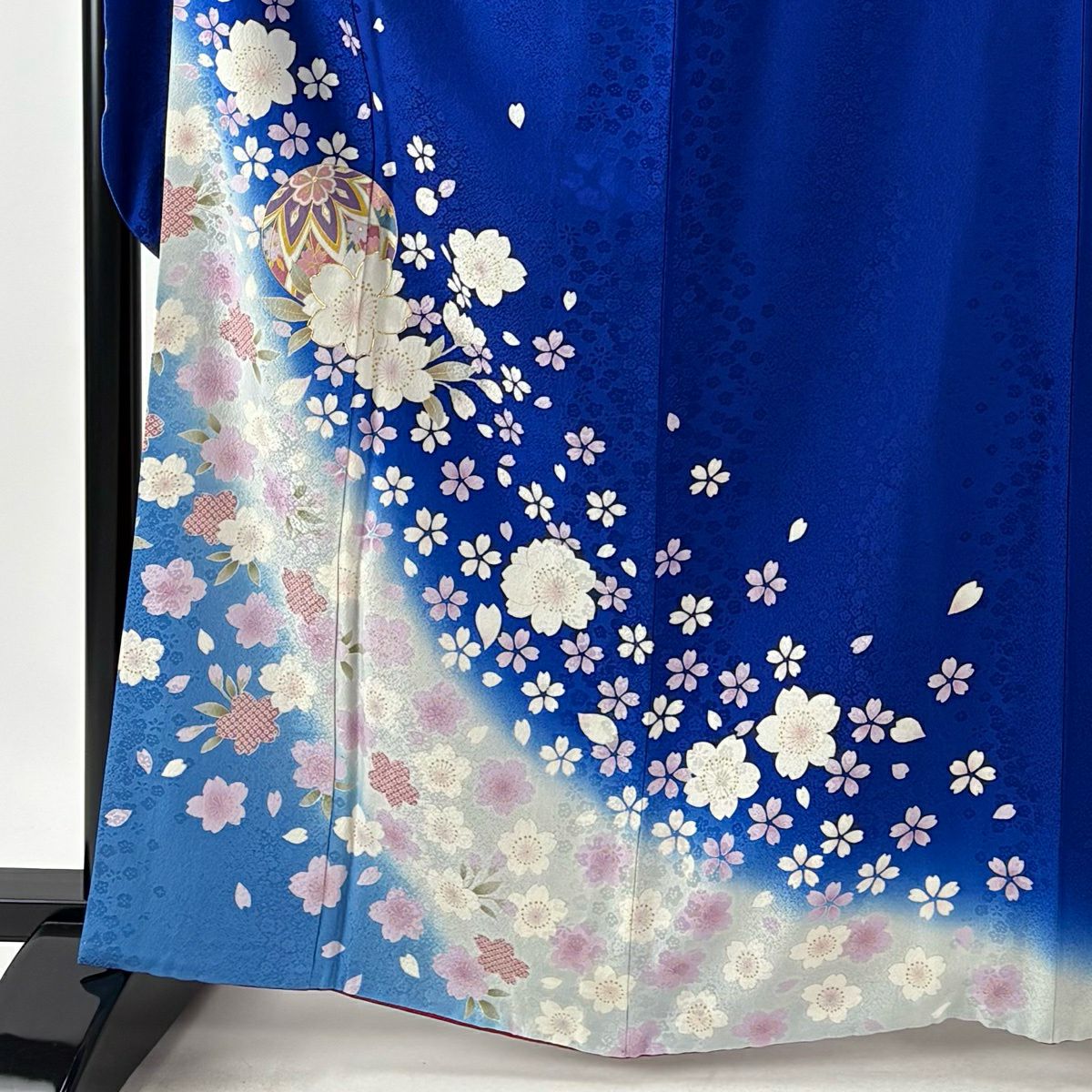 【美品】振袖禮服 身長165.5cm 袖長68cm L 雙層 袋帶全套 樱花 鞠 金絲 金銀彩 藍色 純蠶絲 優品級