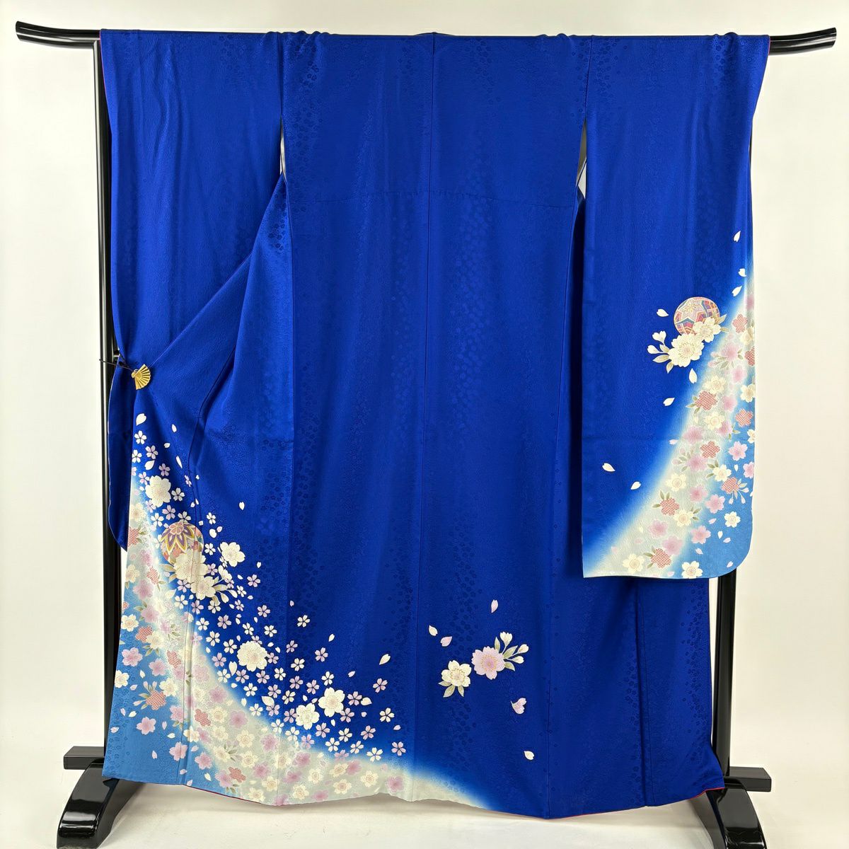 【美品】振袖禮服 身長165.5cm 袖長68cm L 雙層 袋帶全套 樱花 鞠 金絲 金銀彩 藍色 純蠶絲 優品級