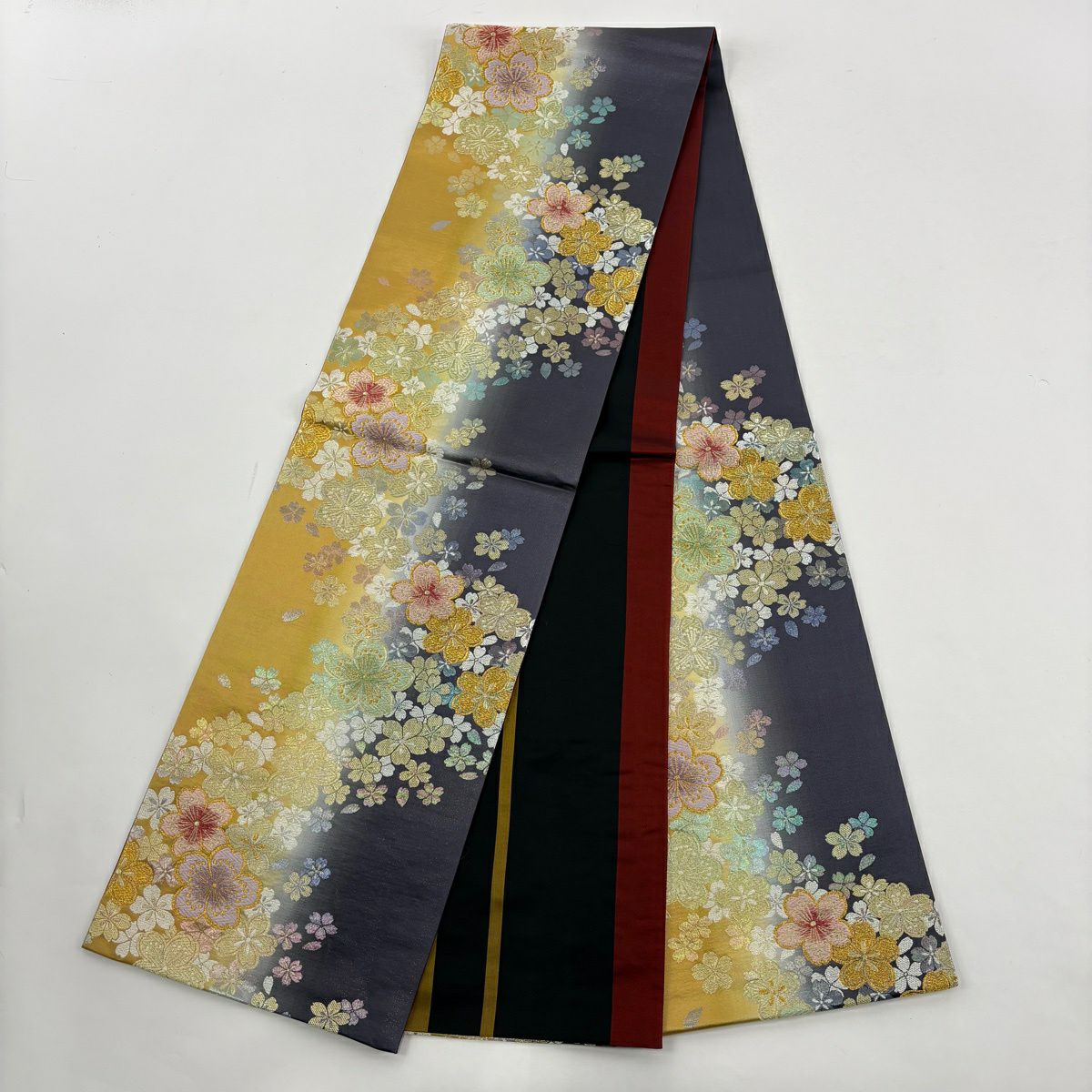【美品】振袖禮服 身長165.5cm 袖長68cm L 雙層 袋帶全套 樱花 鞠 金絲 金銀彩 藍色 純蠶絲 優品級