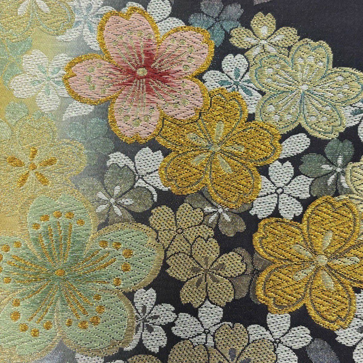 【美品】振袖禮服 身長165.5cm 袖長68cm L 雙層 袋帶全套 樱花 鞠 金絲 金銀彩 藍色 純蠶絲 優品級