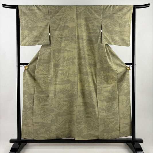 【美品】結城紬織 身長158.5cm 袖長65cm M 雙層 本場結城紬織 100龜甲 證書あり 雲文 霞 灰綠 純蠶絲 逸品級