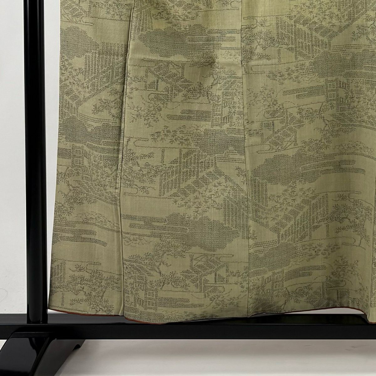 【美品】結城紬織 身長158.5cm 袖長65cm M 雙層 本場結城紬織 100龜甲 證書あり 雲文 霞 灰綠 純蠶絲 逸品級