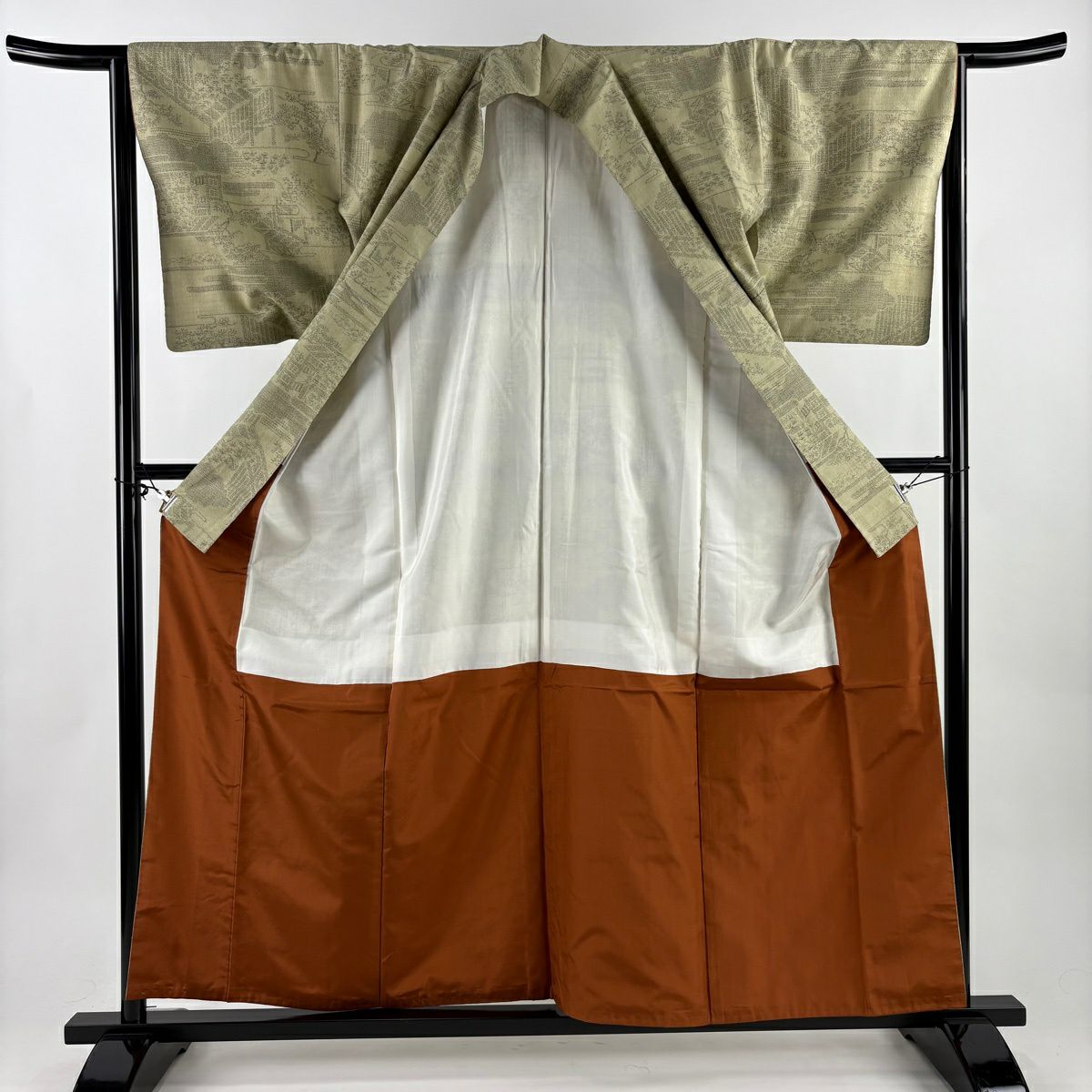 【美品】結城紬織 身長158.5cm 袖長65cm M 雙層 本場結城紬織 100龜甲 證書あり 雲文 霞 灰綠 純蠶絲 逸品級