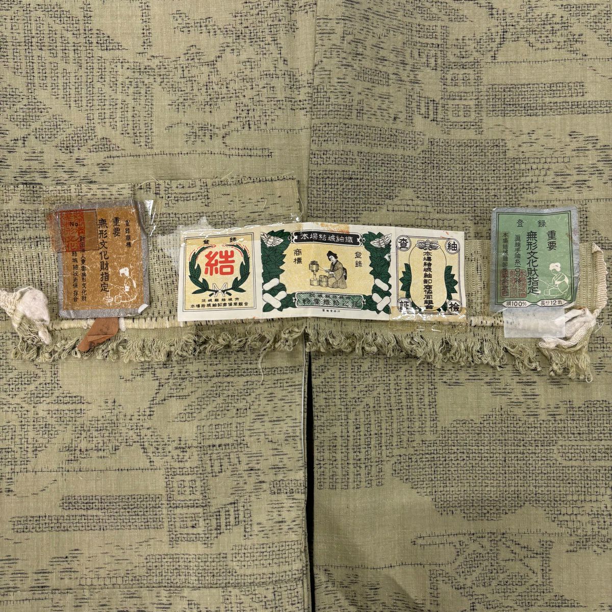 【美品】結城紬織 身長158.5cm 袖長65cm M 雙層 本場結城紬織 100龜甲 證書あり 雲文 霞 灰綠 純蠶絲 逸品級