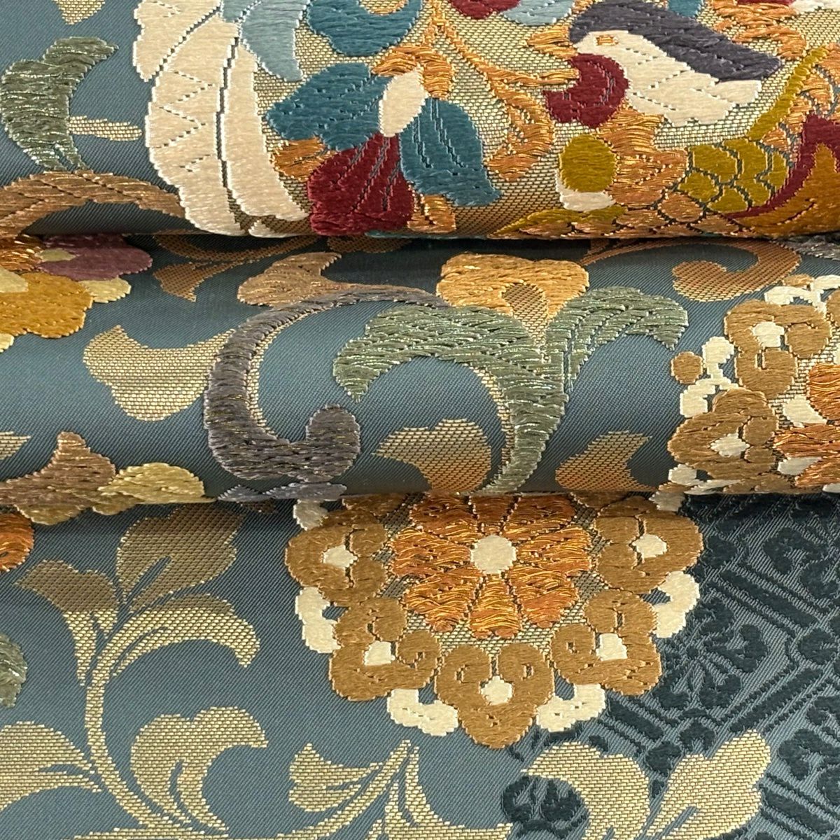 袋帶 逸品級 證書齊全 鴛鴦 花唐草紋 金絲 金金箔 綠 六通 純蠶絲