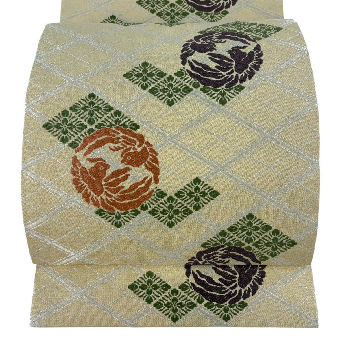 袋帶 逸品級 人間國寶 喜多川平朗 鳥 花菱 刺繡 米色 六通 純蠶絲