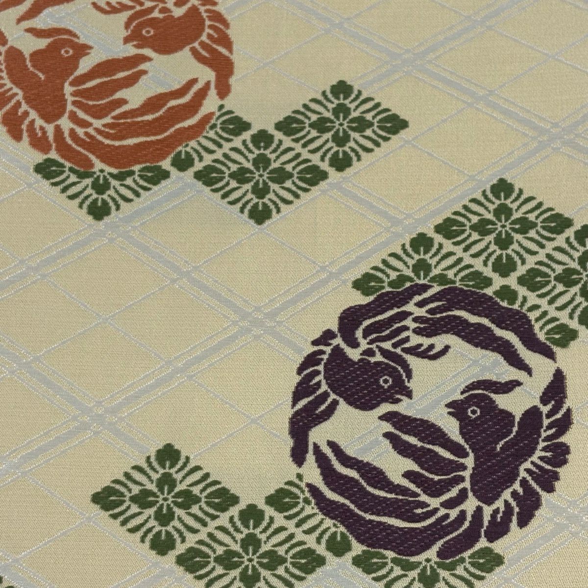 袋帶 逸品級 人間國寶 喜多川平朗 鳥 花菱 刺繡 米色 六通 純蠶絲