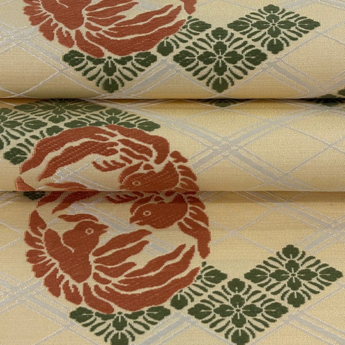 袋帶 逸品級 人間國寶 喜多川平朗 鳥 花菱 刺繡 米色 六通 純蠶絲