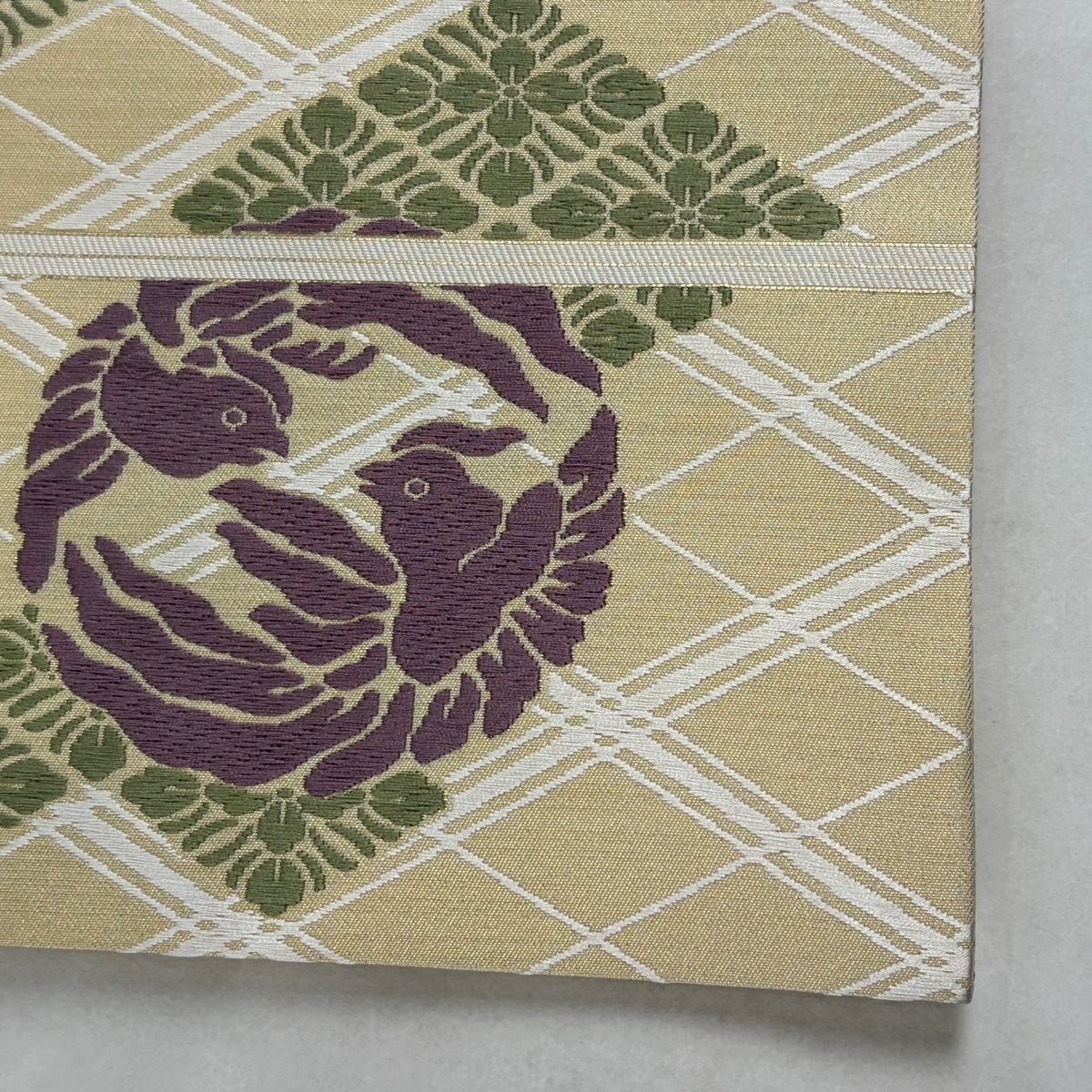袋帶 逸品級 人間國寶 喜多川平朗 鳥 花菱 刺繡 米色 六通 純蠶絲