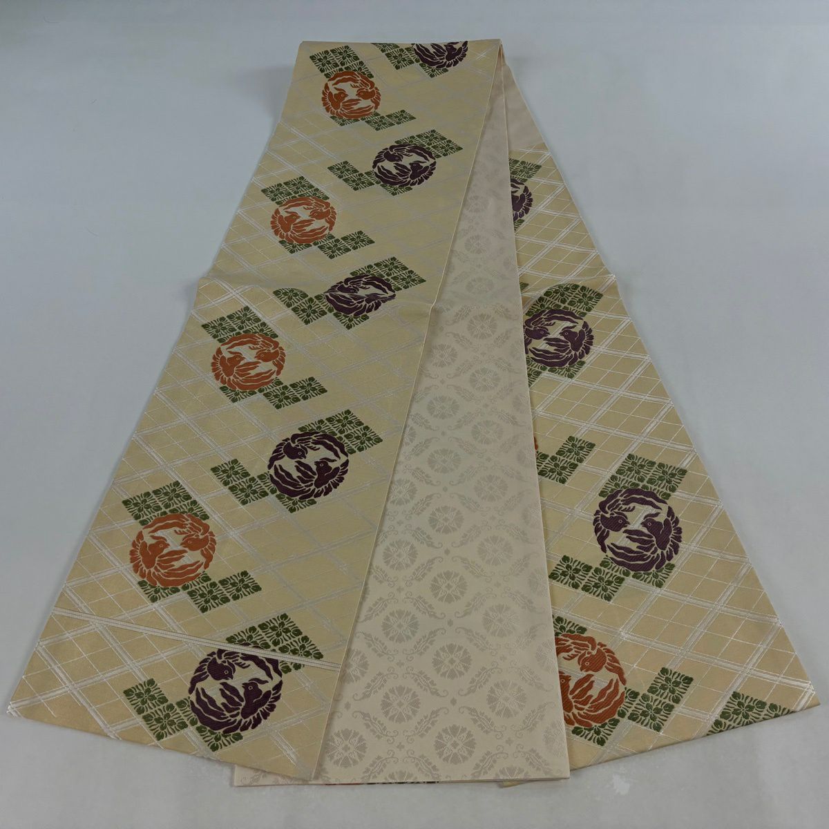 袋帶 逸品級 人間國寶 喜多川平朗 鳥 花菱 刺繡 米色 六通 純蠶絲