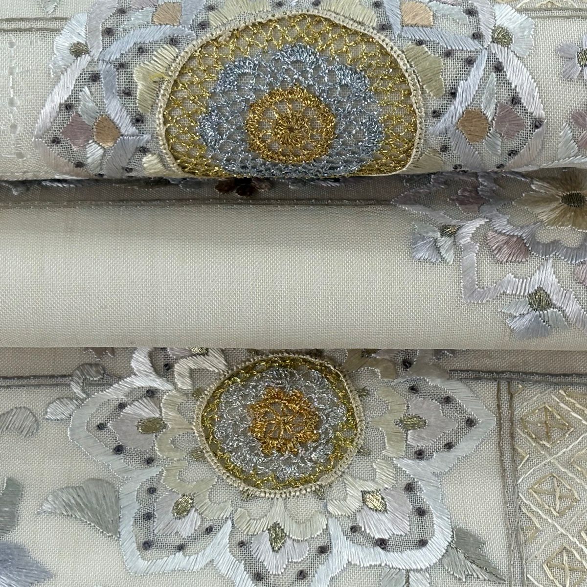 袋帶 逸品級 華紋 草花紋 金銀彩 刺繡 奶油色 大鼓圖案 純蠶絲