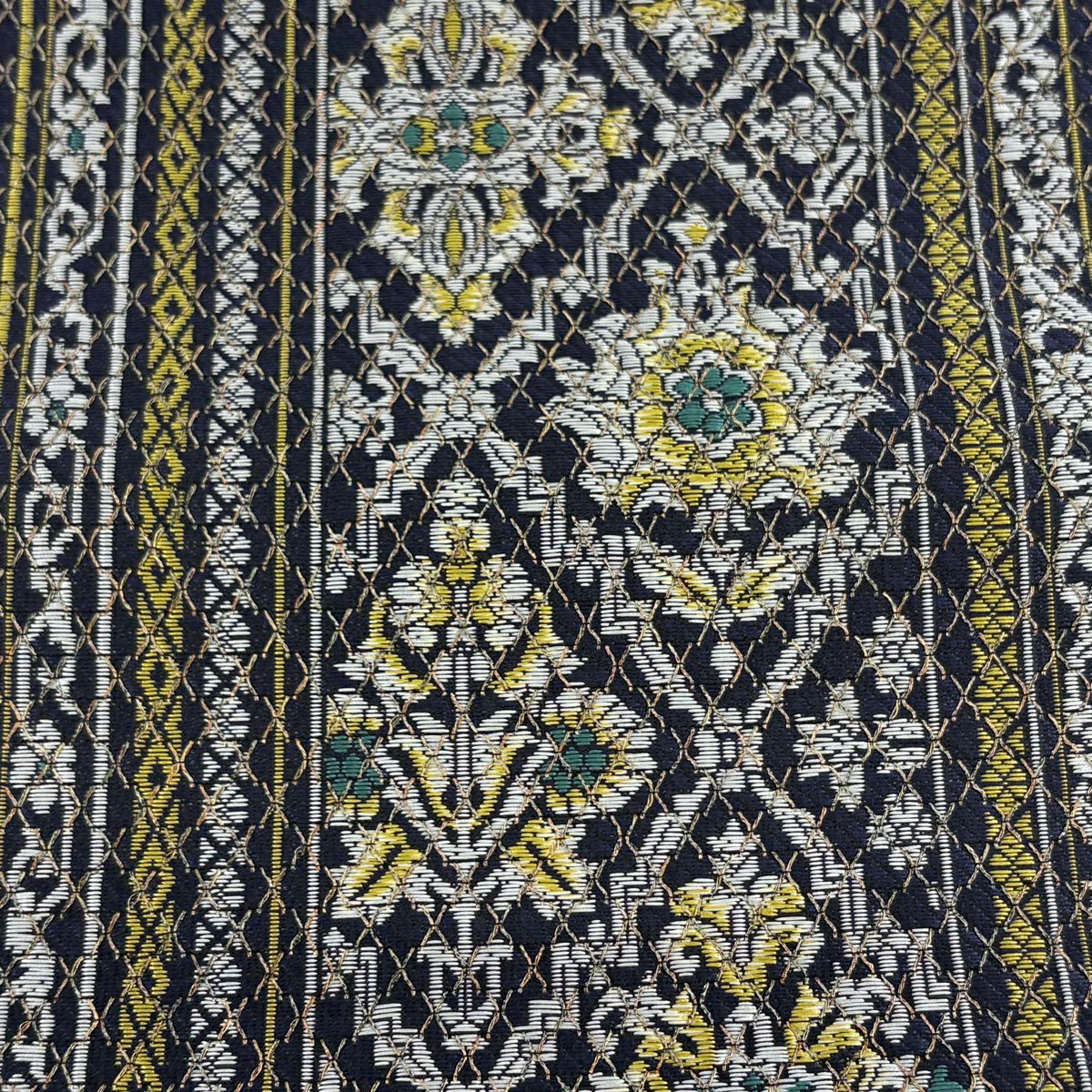 【美品】名古屋帶 逸品級 松樹葉仕立 八寸名古屋帶 草花紋紋 縞紋 金絲 博多織 深藍 純蠶絲