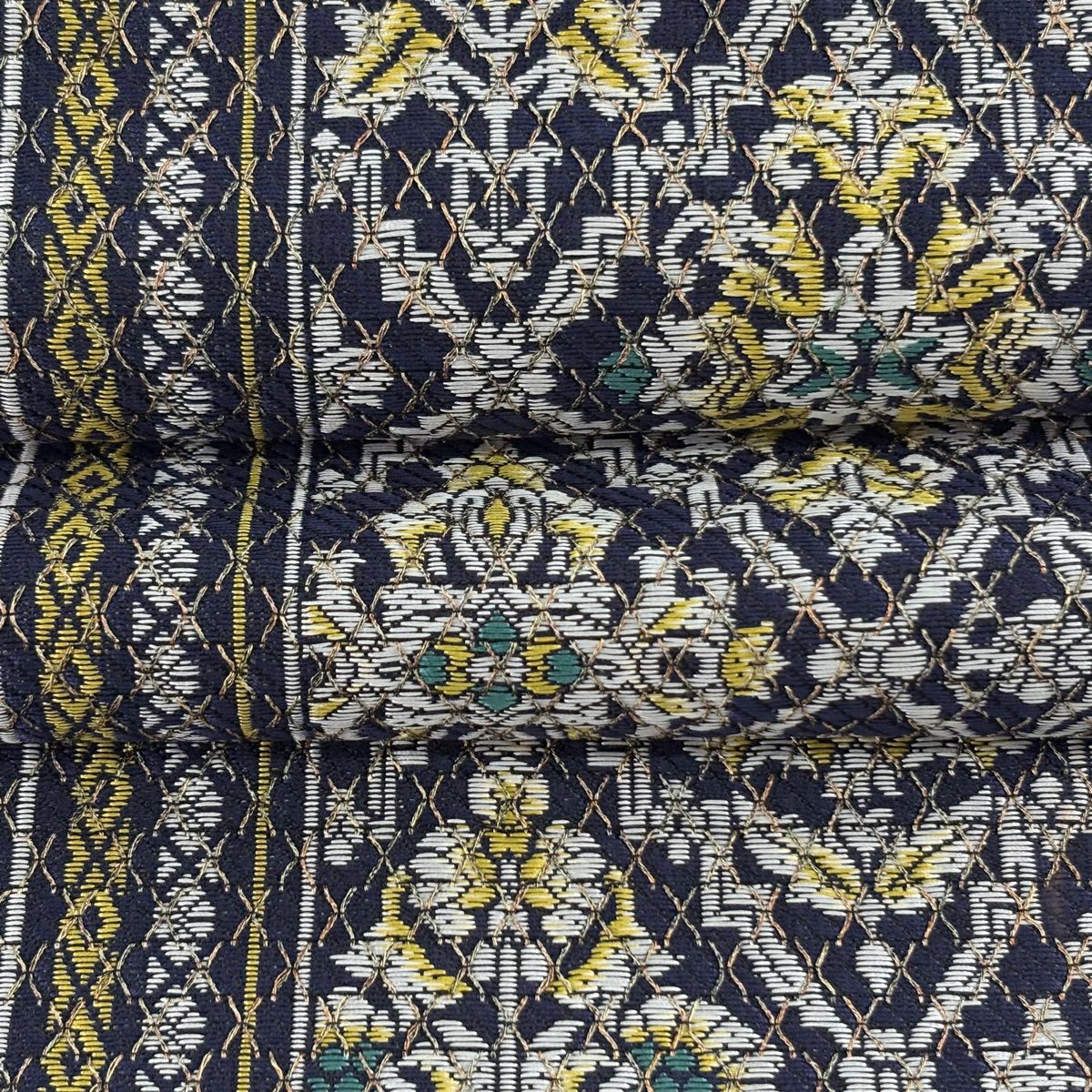 【美品】名古屋帶 逸品級 松樹葉仕立 八寸名古屋帶 草花紋紋 縞紋 金絲 博多織 深藍 純蠶絲