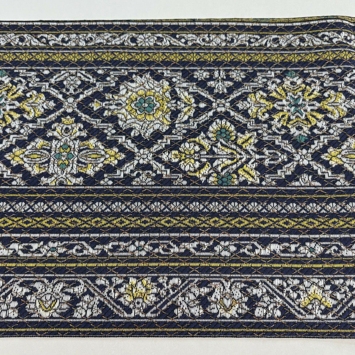 【美品】名古屋帶 逸品級 松樹葉仕立 八寸名古屋帶 草花紋紋 縞紋 金絲 博多織 深藍 純蠶絲