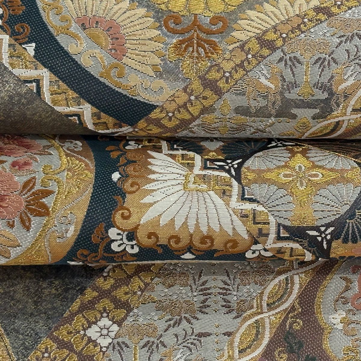 袋帶 逸品級 證書附帶 華紋 鴛鴦 金金箔 金絲 灰紫 六通 純蠶絲