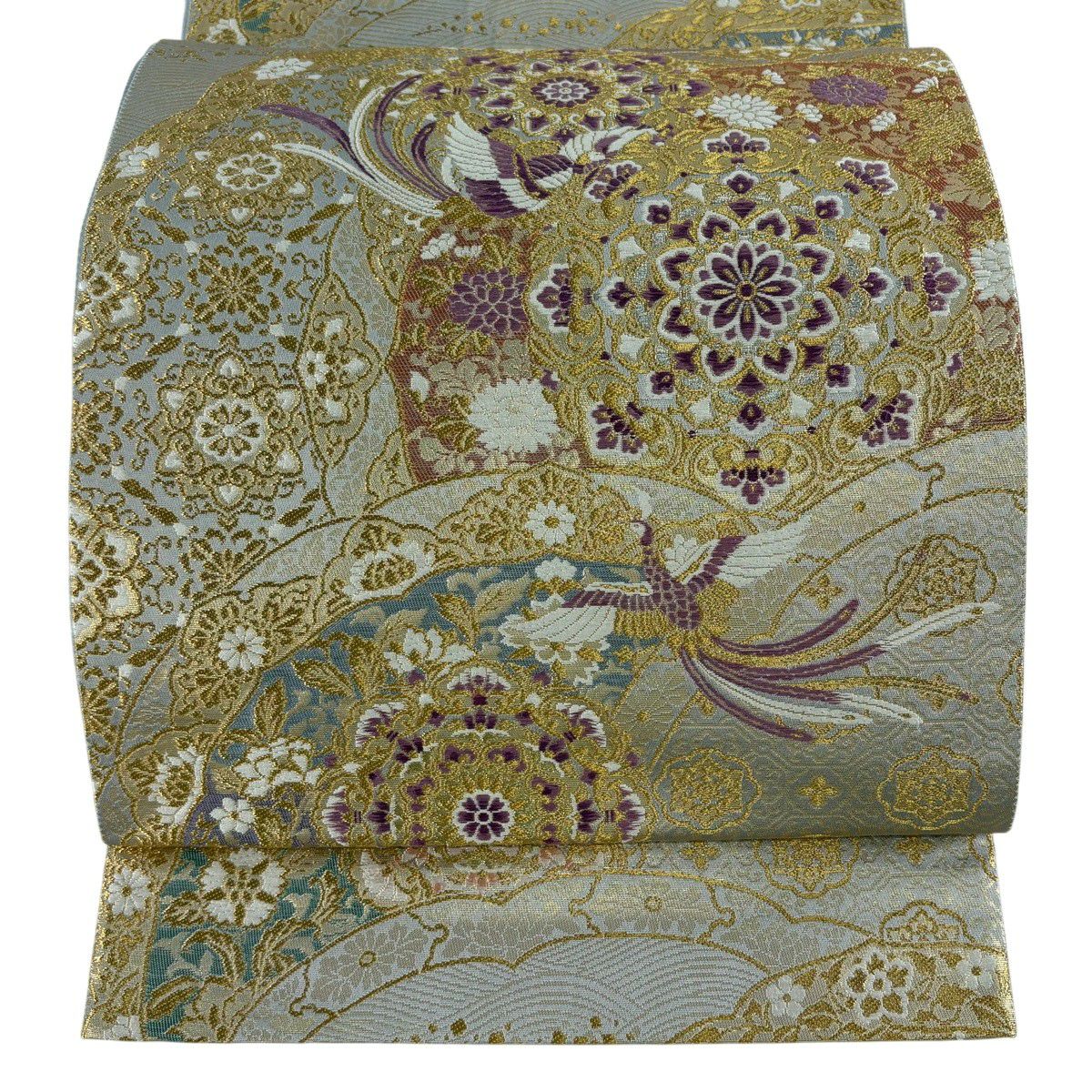 【美品】 袋帶 逸品級 じゅらく 落款あり じゅらく帝王紫 華紋 鳳凰 金糸 金金箔 青灰 六通 純蠶絲