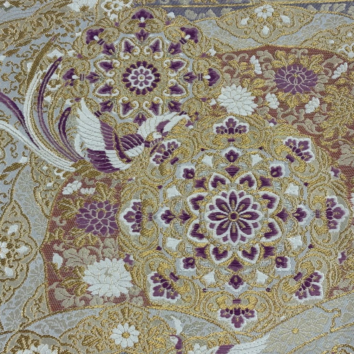 【美品】 袋帶 逸品級 じゅらく 落款あり じゅらく帝王紫 華紋 鳳凰 金糸 金金箔 青灰 六通 純蠶絲