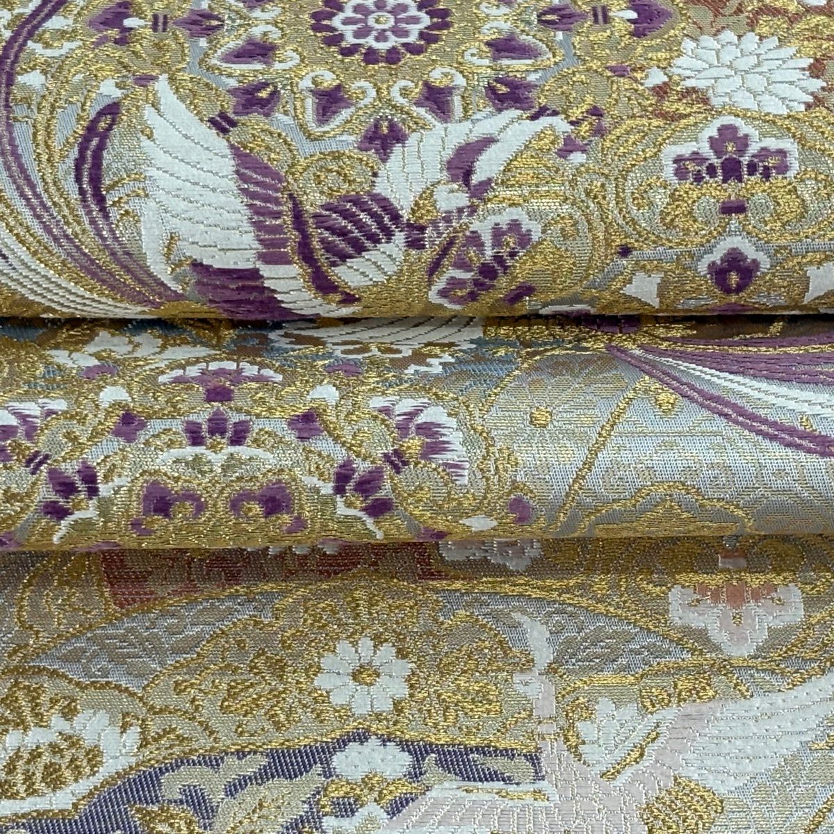 【美品】 袋帶 逸品級 じゅらく 落款あり じゅらく帝王紫 華紋 鳳凰 金糸 金金箔 青灰 六通 純蠶絲