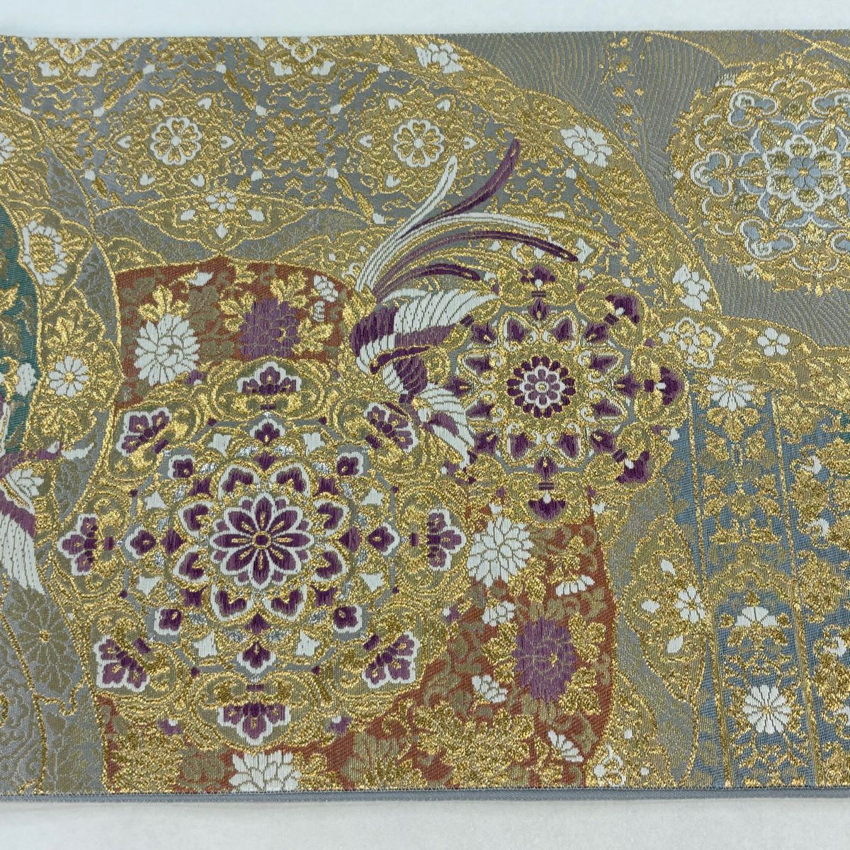 【美品】 袋帶 逸品級 じゅらく 落款あり じゅらく帝王紫 華紋 鳳凰 金糸 金金箔 青灰 六通 純蠶絲