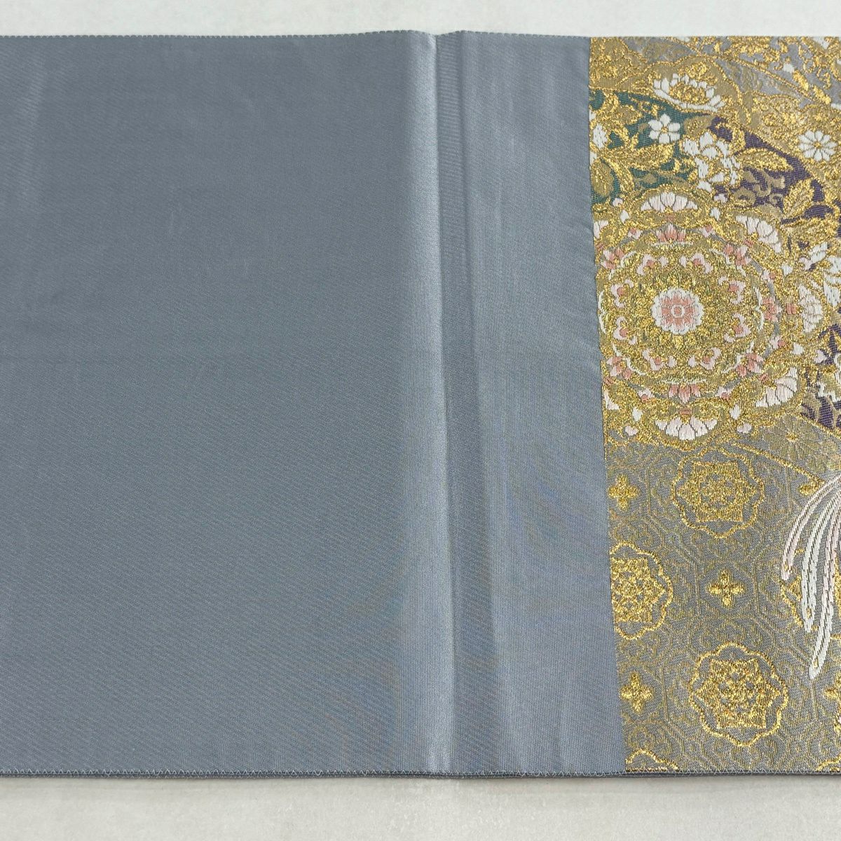 【美品】 袋帶 逸品級 じゅらく 落款あり じゅらく帝王紫 華紋 鳳凰 金糸 金金箔 青灰 六通 純蠶絲