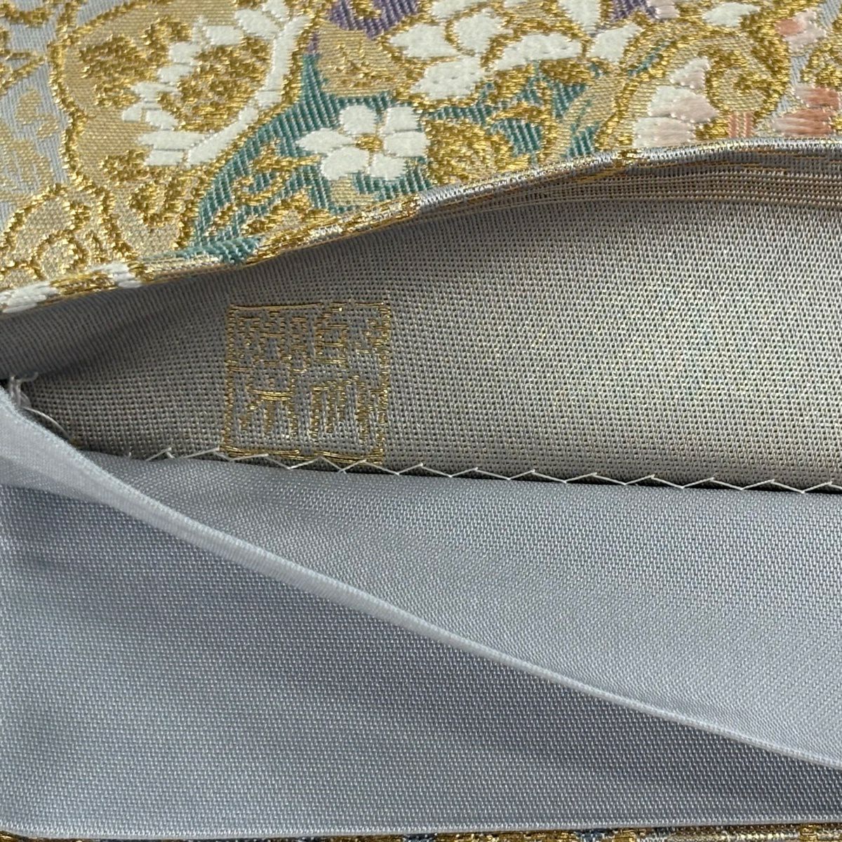 【美品】 袋帶 逸品級 じゅらく 落款あり じゅらく帝王紫 華紋 鳳凰 金糸 金金箔 青灰 六通 純蠶絲