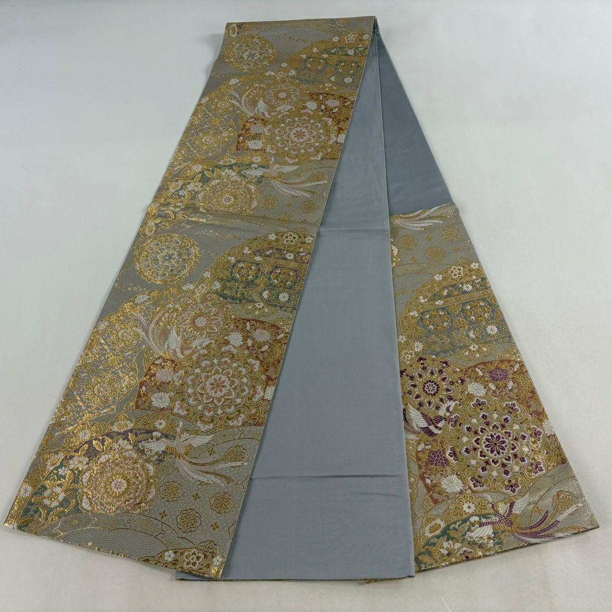 【美品】 袋帶 逸品級 じゅらく 落款あり じゅらく帝王紫 華紋 鳳凰 金糸 金金箔 青灰 六通 純蠶絲
