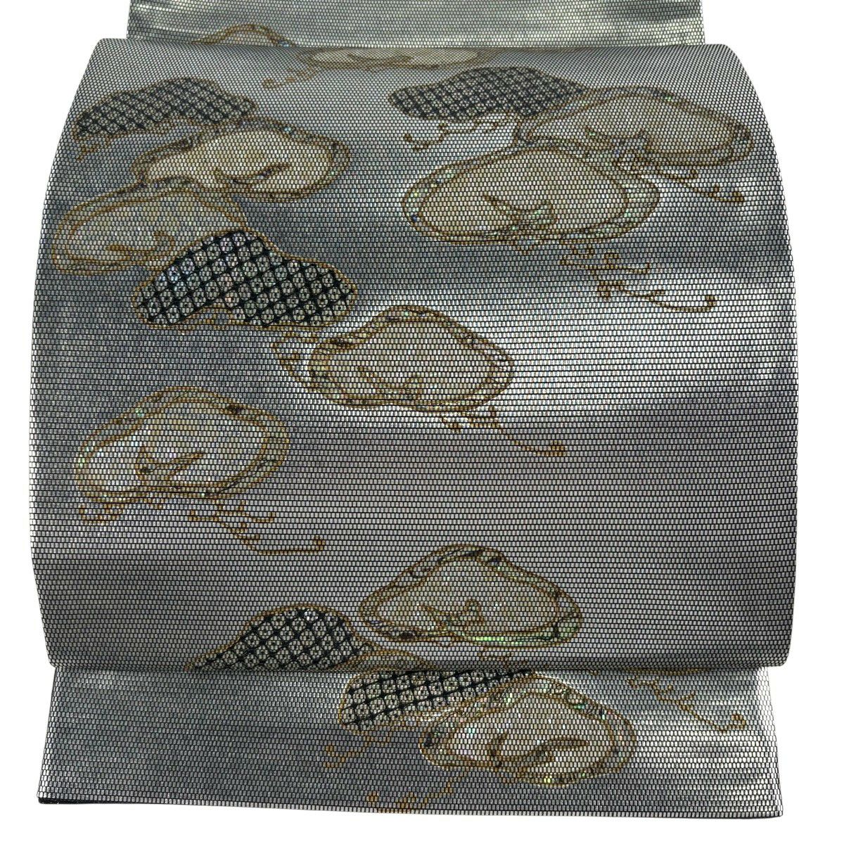 【美品】 袋帶 逸品級 木村幸啓 笠松樹 金金箔 手織 銀色 大鼓圖案 純蠶絲