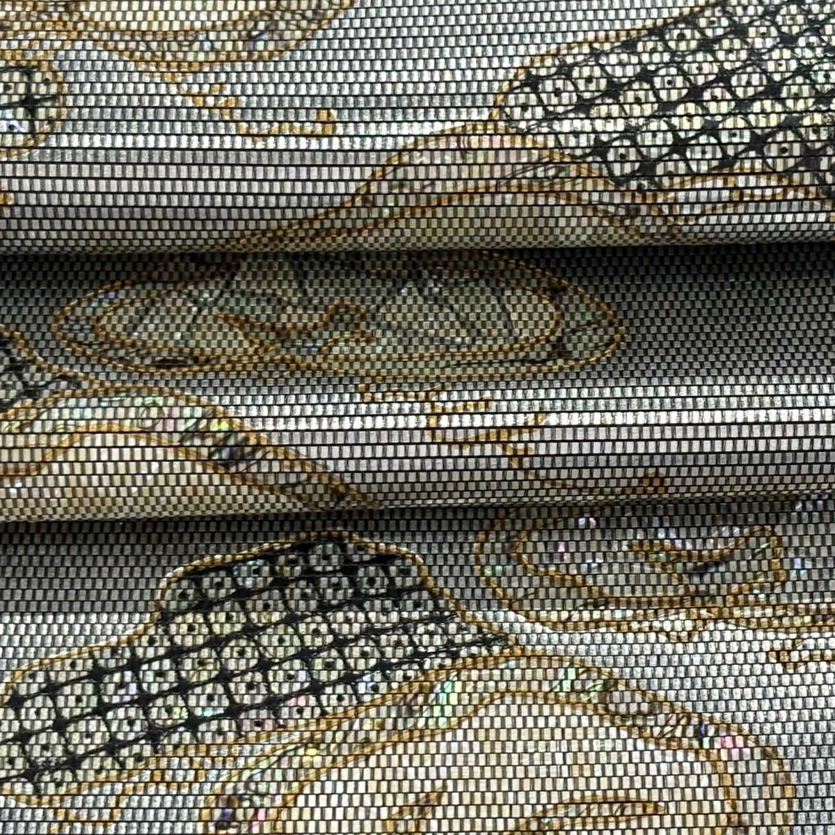 【美品】 袋帶 逸品級 木村幸啓 笠松樹 金金箔 手織 銀色 大鼓圖案 純蠶絲