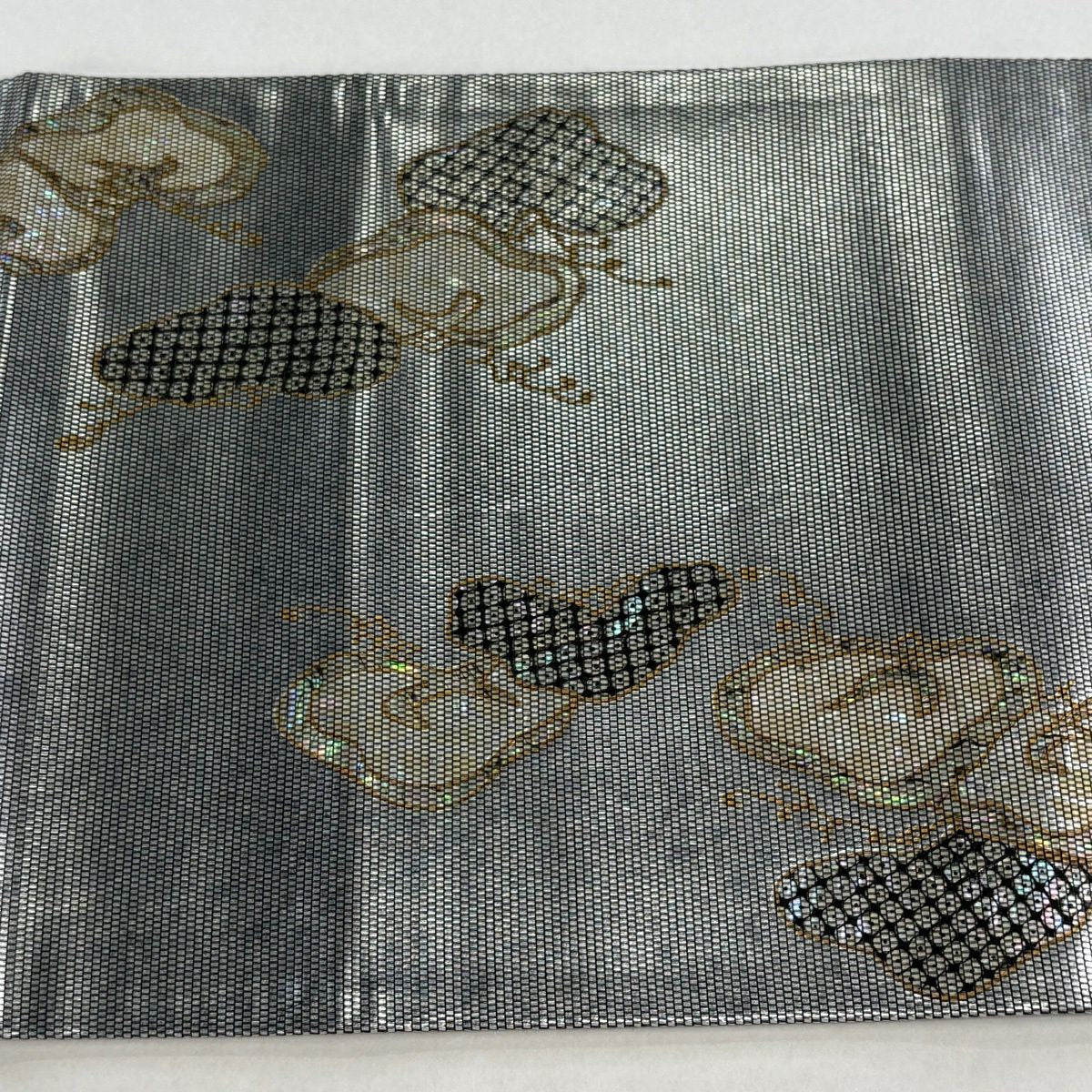 【美品】 袋帶 逸品級 木村幸啓 笠松樹 金金箔 手織 銀色 大鼓圖案 純蠶絲