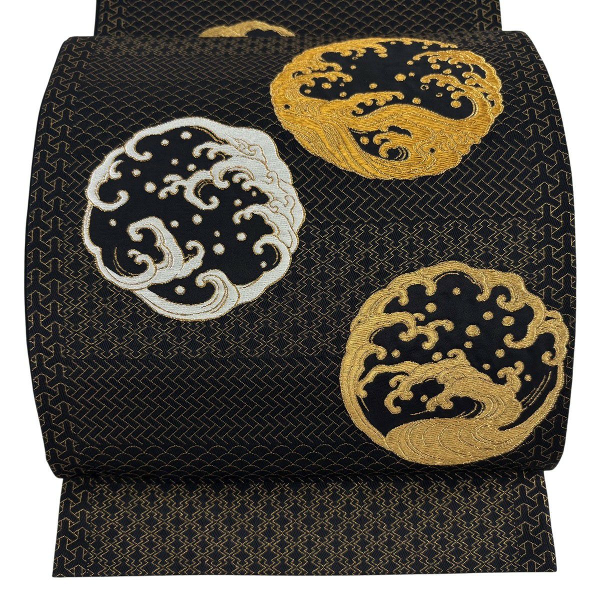 【美品】 袋帶 逸品級 渡文 落款 波 有職紋樣 金金箔 金絲 黑色 お太鼓圖案 純蠶絲