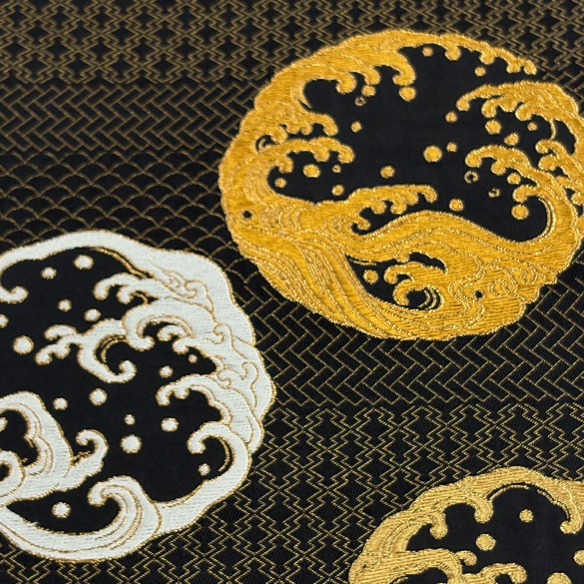 【美品】 袋帶 逸品級 渡文 落款 波 有職紋樣 金金箔 金絲 黑色 お太鼓圖案 純蠶絲