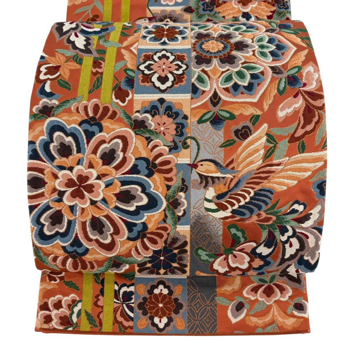 【美品】 袋帶 逸品級 白綾苑大庭 落款あり 關西仕立 華紋 花喰鳥 金金箔 朱 深藍 六通 純蠶絲