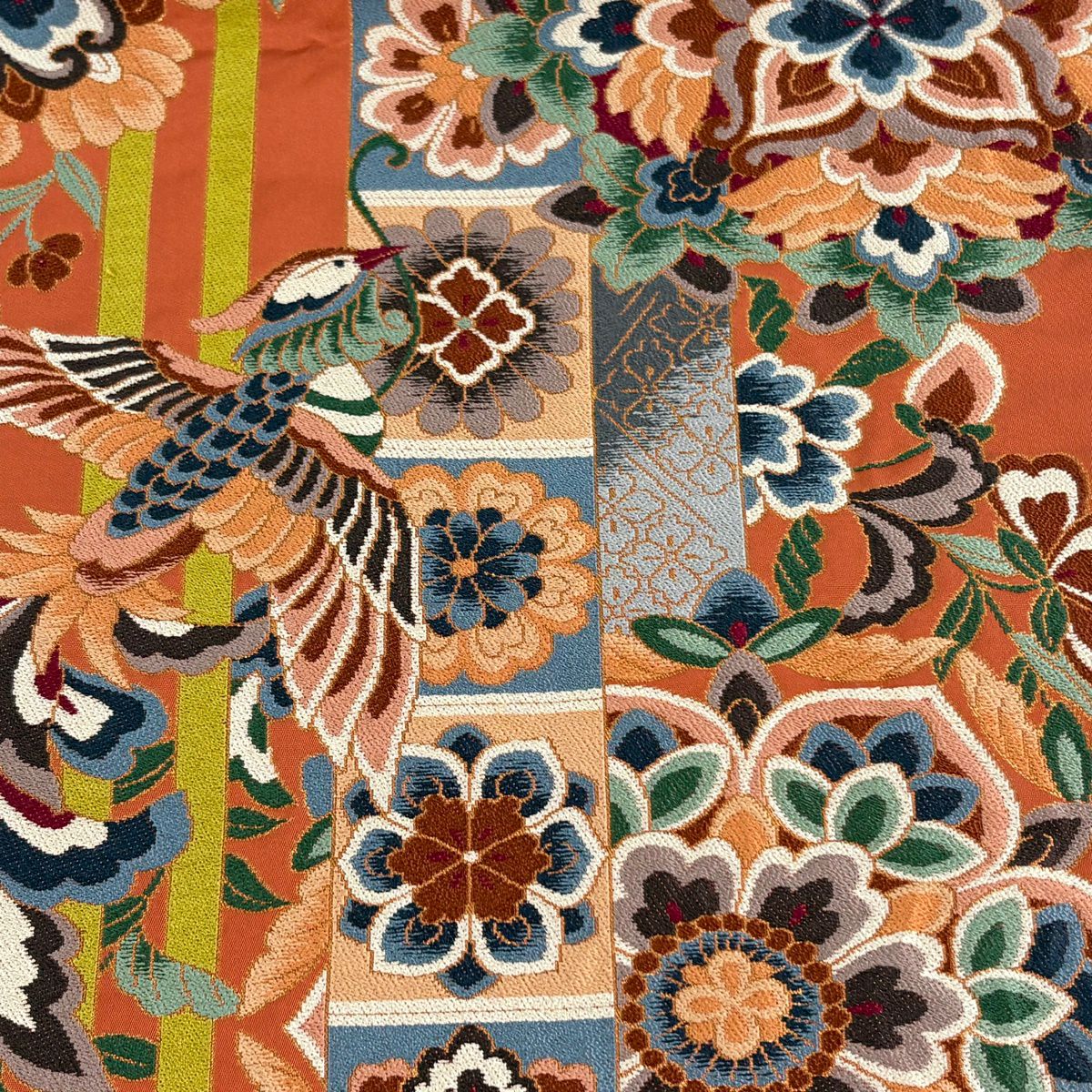 【美品】 袋帶 逸品級 白綾苑大庭 落款あり 關西仕立 華紋 花喰鳥 金金箔 朱 深藍 六通 純蠶絲