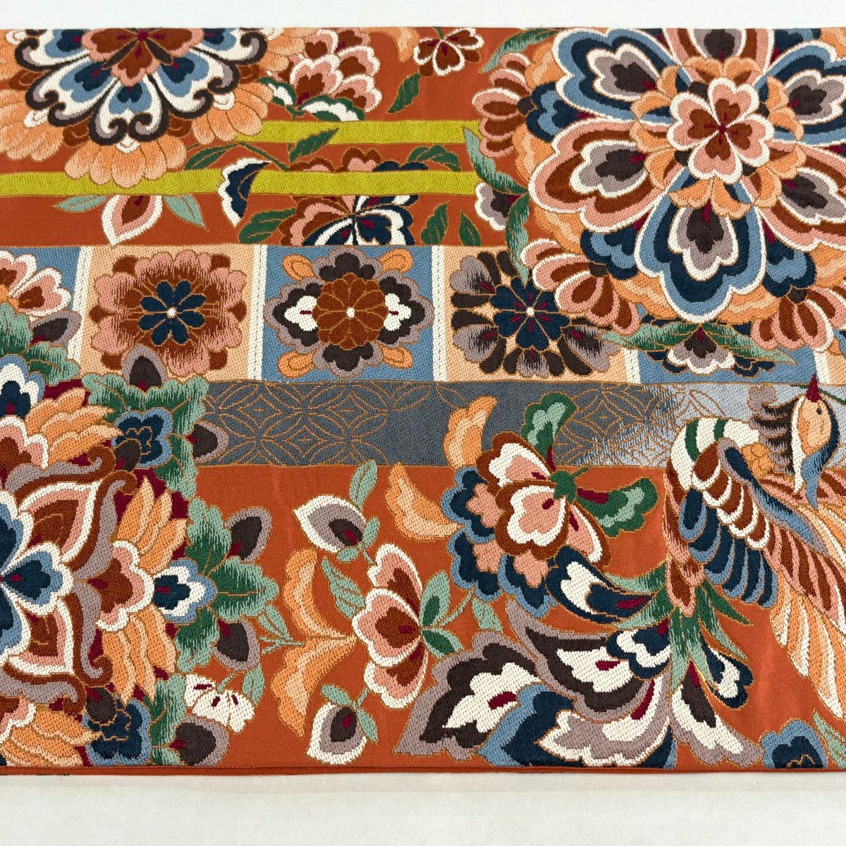 【美品】 袋帶 逸品級 白綾苑大庭 落款あり 關西仕立 華紋 花喰鳥 金金箔 朱 深藍 六通 純蠶絲